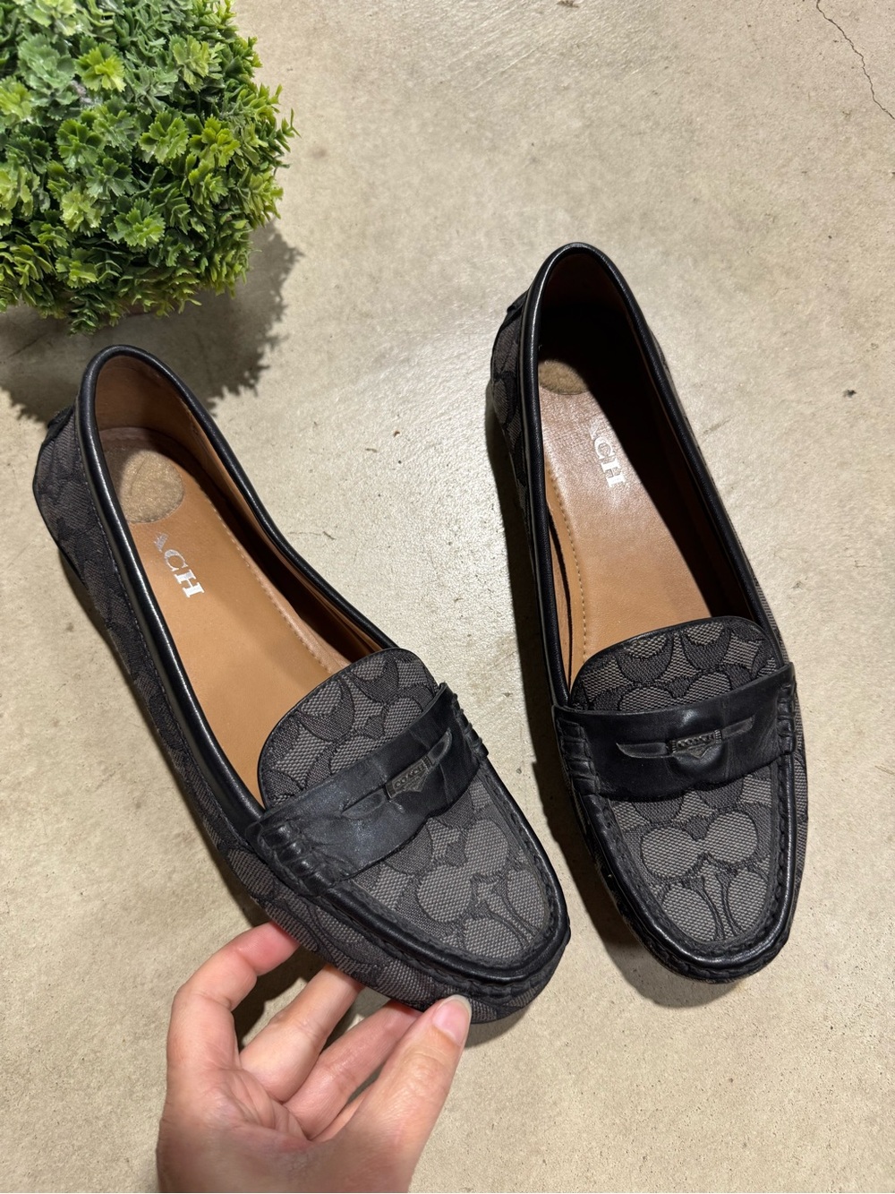 Coach Odette Penny Loafers Size 9.5 Black Jacquard Signature Monogram Leather